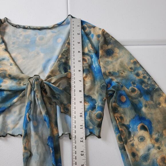 Y2L Fairy Grunge Whimsy Top Womens Small Mesh Bell Sleeve Tie Front Sheer Floral - Picture 4 of 7
